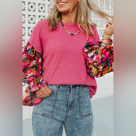 Sachet Pink Flower Patchwork Ruffled
Sleeve Ribbed Knit Drop Shoulder Top Boho - Picture 3 of 11